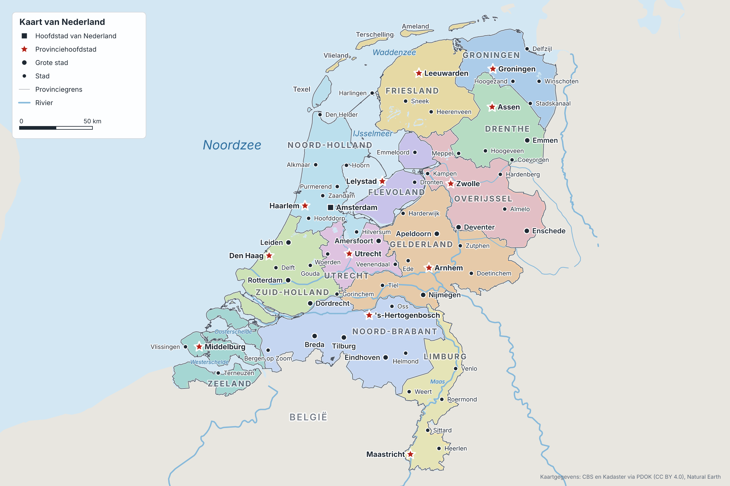 Gedetailleerde kaart van Nederland met de provincies in kleur, de provinciehoofdsteden, grote steden, de rivieren Rijn, Waal, Maas en IJssel, het IJsselmeer en de Waddeneilanden